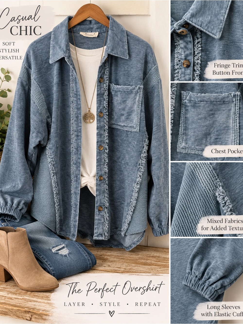 Casual Chic Button-Front Overshirt in Denim Blue